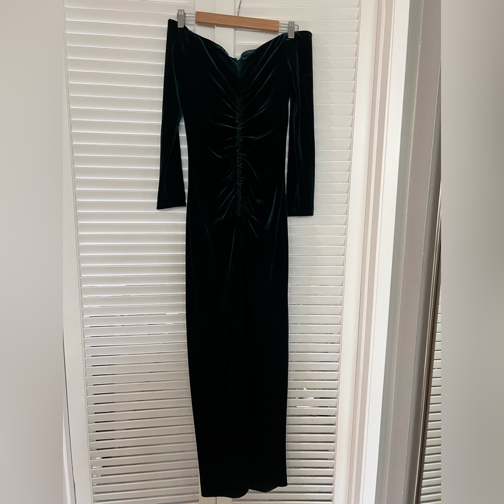 Xscape Off-Shoulder Velvet Dress in Deep Green - Picture 9 of 9